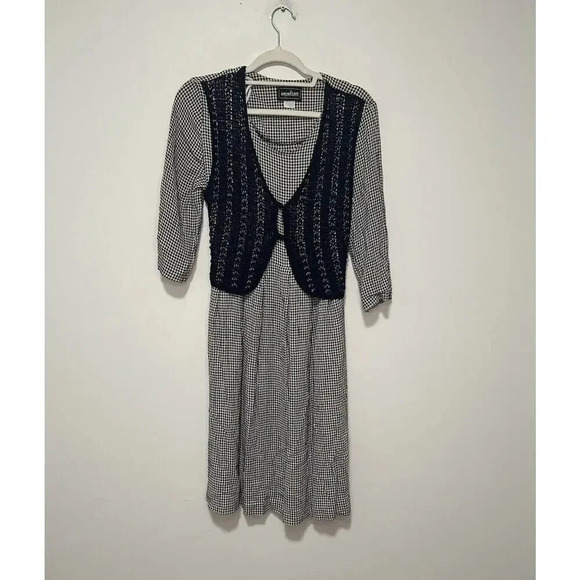 Vintage Impulsive Dress Womens 8 Petite Gingham Plaid Navy Midi Cottagecore - Picture 1 of 10